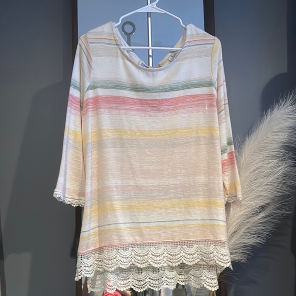 LC Lauren Conrad Tops - LC Lauren Conrad‎ Pink and Yellow Asymmetrical Ruffled Blouse